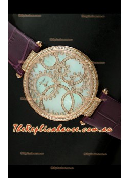 Cartier Replica Watch with Diamonds Embedded Dial Bezel in Gold Case/Maroon Strap