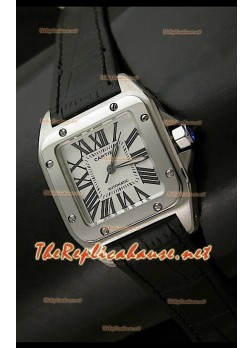 Cartier Santos 100 Swiss Ladies Automatic Watch in Black Leather - 33MM