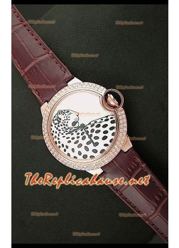 Ballon De Cartier Pink Gold Watch with Leopard Dial in Brown Strap