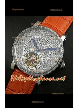 Cartier Calibre Tourbillon Watch with Diamonds Dial Light Brown Strap