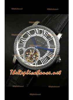 Cartier Calibre Japanese Tourbillon Black Strap Watch with Diamonds