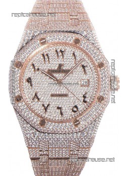 Audemars Piguet Royal Oak 15400 Iced Out Arabic Dial in Rose Gold Casing Swiss Replica Watch