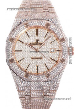 Audemars Piguet Royal Oak 15400 Iced Out Stick Markers Dial in Rose Gold Casing Swiss Replica Watch