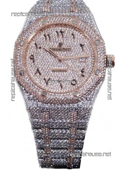 Audemars Piguet Royal Oak 15400 Iced Out Arabic Dial in Two Tone Rose Gold Casing Swiss Replica Watch