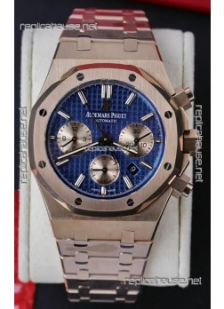 Audemars Piguet Royal Oak Chronograph Rose Gold Blue Dial Steel Strap Swiss Replica Watch