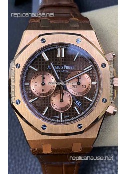 Audemars Piguet Royal Oak Chronograph Rose Gold Brown Dial Leather Strap Swiss Replica Watch