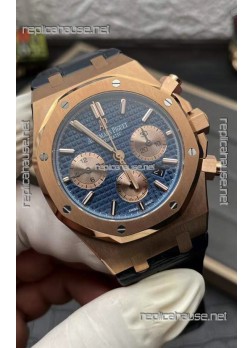 Audemars Piguet Royal Oak Chronograph Rose Gold Blue Dial Leather Strap Swiss Replica Watch