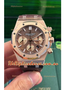 Audemars Piguet Royal Oak Chronograph Rose Gold Brown Dial Leather Strap Swiss Replica Watch
