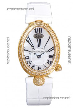 Breguet Replicas Reine De Naples Ladies Yellow Gold White Leather Swiss 1:1 Edition Replica Watch