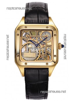 Cartier Santos Dumont Skeleton Yellow Gold Watch in Black Leather Strap 43.5MM