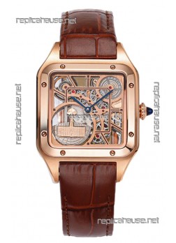 Cartier Santos Dumont Skeleton Rose Gold Watch in Brown Leather Strap 43.5MM