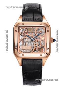 Cartier Santos Dumont Skeleton Rose Gold Watch in Black Leather Strap 43.5MM