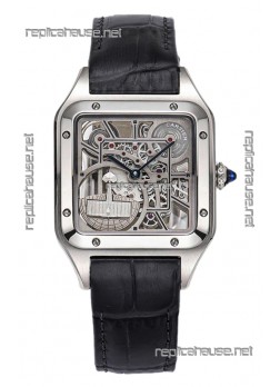 Cartier Santos Dumont Skeleton Stainless Steel Watch in Black Leather Strap 43.5MM