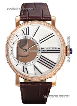 Rotonde De Cartier in Rose Gold Casing - Leather Strap Swiss Quartz Replica Watch 