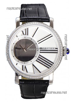 Rotonde De Cartier in Stainless Steel Casing - Leather Strap Swiss Quartz Replica Watch 