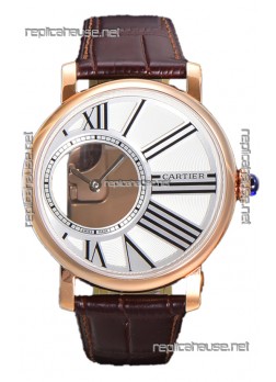 Rotonde De Cartier in Rose Gold Casing - Leather Strap Swiss Quartz Replica Watch 