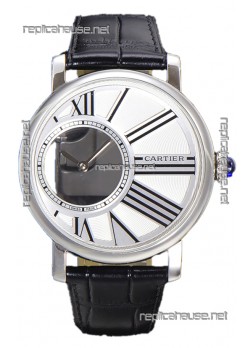 Rotonde De Cartier in Stainless Steel Casing - Leather Strap Swiss Quartz Replica Watch 