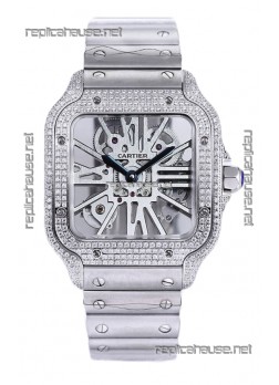 Santos De Cartier Watch in Skeleton Dial - Diamonds Bezel in Steel Casing & Strap Swiss Replica