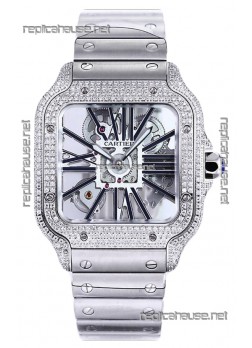 Santos De Cartier Watch in Skeleton Dial - Diamonds Bezel in Steel Casing Swiss Replica