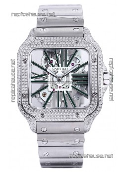 Santos De Cartier Watch in Skeleton Dial - Diamonds Bezel in Steel Casing Swiss Replica