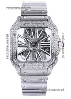 Santos De Cartier Watch in Skeleton Dial - Diamonds Bezel in Steel Casing Swiss Replica