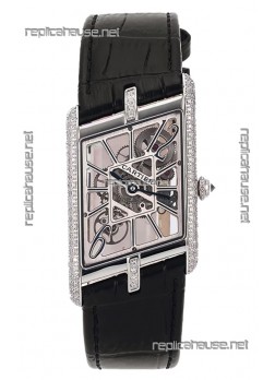 Cartier Tank Asymétrique Stainless Steel Casing Diamonds Bezel Watch in Leather Strap Swiss Replica