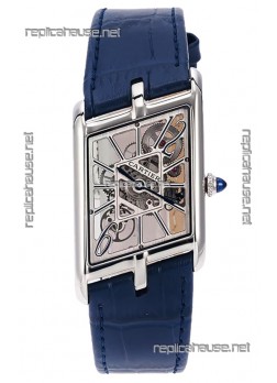 Cartier Tank Asymétrique Stainless Steel Casing Blue Strap Watch in Leather Strap Swiss Replica