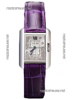 Cartier Tank Anglaise Stainless Steel Watch in Purple Leather Strap Swiss Quartz Watch 30MM