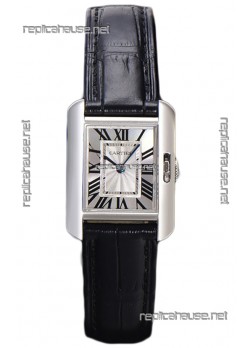 Cartier Tank Anglaise Stainless Steel Watch in Black Leather Strap Swiss Quartz Watch 30MM