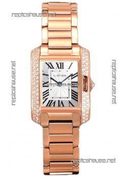 Cartier Tank Anglaise Rose Gold Watch in Steel Strap Diamonds Bezel Swiss Quartz Watch 30MM