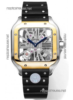 Santos De Cartier Watch in Skeleton Dial - Two Tone Bezel in Rubber Strap 