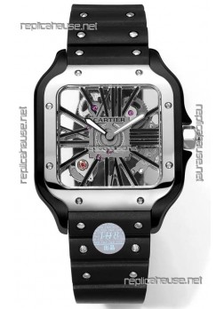 Santos De Cartier Watch in Skeleton Dial - DLC Coated Casing & Steel Strap in Rubber Strap