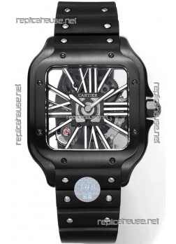 Santos De Cartier Watch in Skeleton Dial - DLC Coated Casing & Bezel  in Rubber Strap