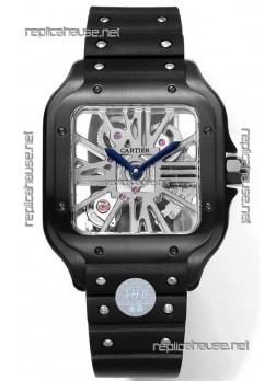 Santos De Cartier Watch in Skeleton Dial - DLC Coated Casing in Rubber Strap
