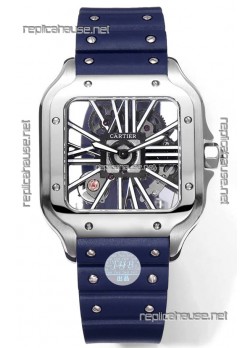 Santos De Cartier Watch in Skeleton Dial - Stainless Steel Casing Blue Rubber Strap