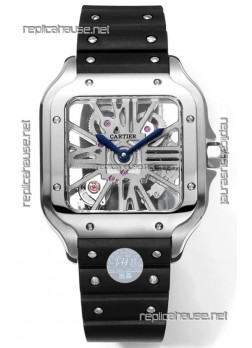 Santos De Cartier Watch in Skeleton Dial - Stainless Steel Casing & Bezel Black Rubber Strap