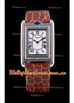 Cartier Tank Reversible Swiss Quartz Replica Watch in Steel Casing - Brown Strap