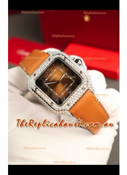 Santos De Cartier Watch in Brown Dial 39.50MM MOSSANITES Paved Bezel Swiss Replica Watch