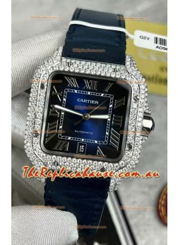 Santos De Cartier Watch in Blue Dial 39.50MM MOSSANITES Paved Bezel Swiss Replica Watch