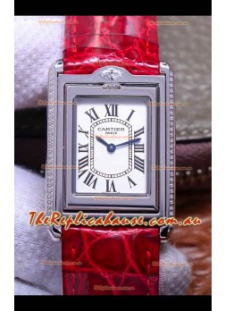 Cartier Tank Reversible Swiss Quartz Replica Watch in Steel Casing - Red Strap