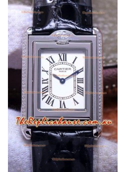 Cartier Tank Reversible Swiss Quartz Replica Watch in Steel Casing - Black Strap
