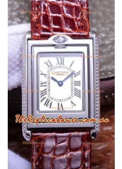 Cartier Tank Reversible Swiss Quartz Replica Watch in Steel Casing - Brown Strap