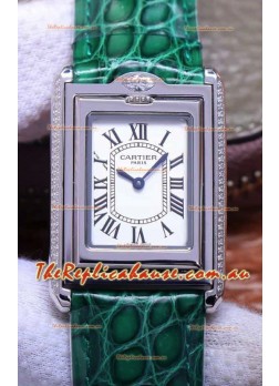 Cartier Tank Reversible Swiss Quartz Replica Watch in Steel Casing - Green Strap