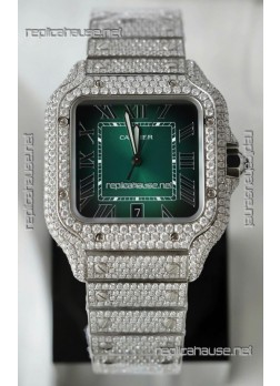 Santos De Cartier Watch in Green Dial MOSSANITES Paved Edition Swiss Replica Watch
