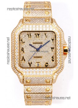 Cartier "Santos De Cartier" Yellow Gold W/ Diamonds Arabic Dial 1:1 Mirror Replica - 40MM - Genuine Diamonds