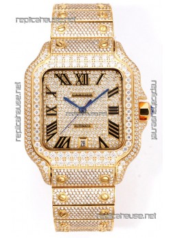 Cartier "Santos De Cartier" Yellow Gold W/ Diamonds Roman Dial 1:1 Mirror Replica - 40MM - Genuine Diamonds