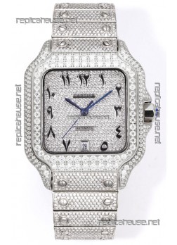 Cartier "Santos De Cartier" Stainless Steel W/ Diamonds Arabic Dial 1:1 Mirror Replica - 40MM - Genuine Diamonds