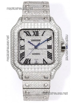Cartier "Santos De Cartier" Stainless Steel W/ Diamonds Roman Dial 1:1 Mirror Replica - 40MM - Genuine Diamonds
