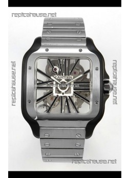 Santos De Cartier Super Clone Watch in Skeleton Dial Brushed DLC Coated Steel Casing Watch 