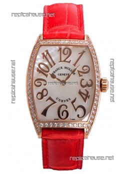 Franck Muller Cintree Curvex Mother of Pearl Dial Watch in Rose Gold Plating - Red Strap 